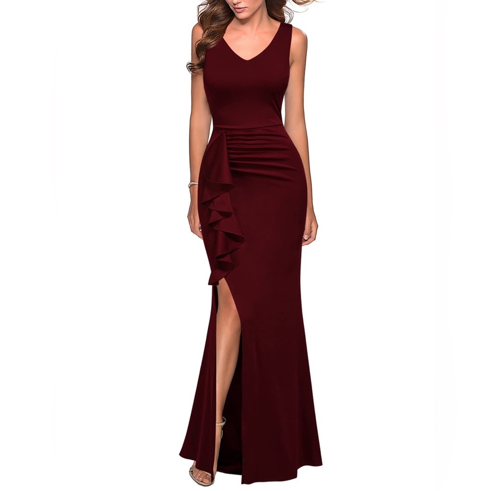 Women Sleeveless Ruffle Slit Evening Party Formal Bridesmaid Dresses - Dark Red